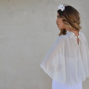 Bridal Chiffon cape, bride shawl with embroidery, lace shrug chic Capelet wedding cover image 4