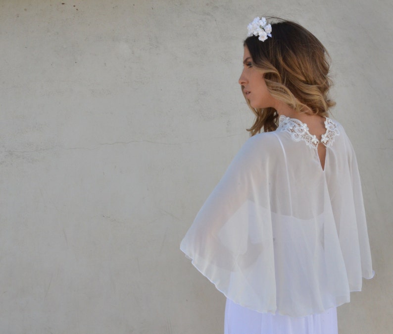 Bridal Chiffon cape, bride shawl with embroidery, lace shrug chic Capelet wedding cover image 4