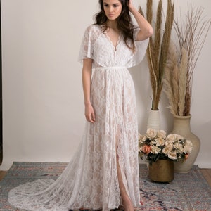 Bohemian lace wedding dress. Comfortable and glamorous boho wedding dress handmade from stunning floral lace with open back, train and slit. image 8