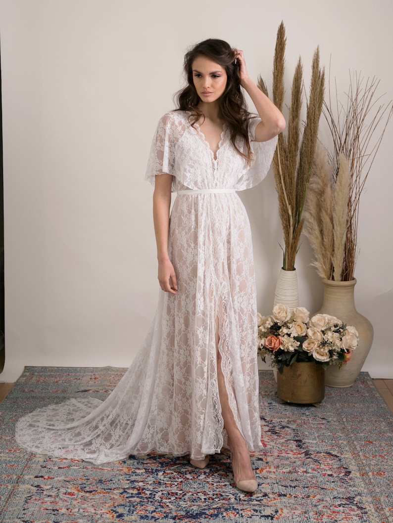 Bohemian lace wedding dress. Comfortable and glamorous boho wedding dress handmade from stunning floral lace with open back, train and slit. image 8