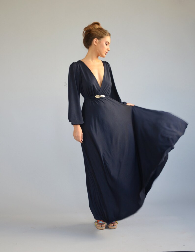 blue evening dress floor length bell shape dress party dress prom dress golden feather belt Bridesmaids dress