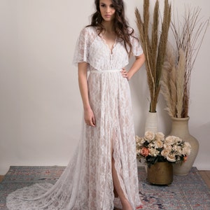 Bohemian lace wedding dress. Comfortable and glamorous boho wedding dress handmade from stunning floral lace with open back, train and slit. image 6