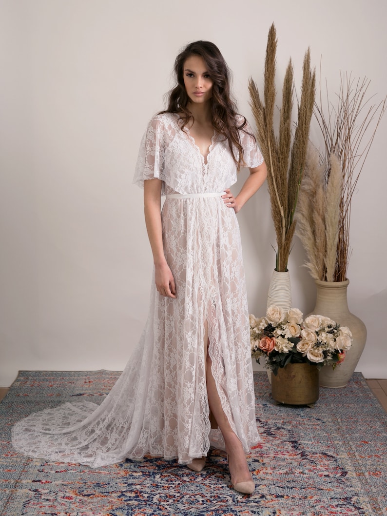 Bohemian lace wedding dress. Comfortable and glamorous boho wedding dress handmade from stunning floral lace with open back, train and slit. image 6