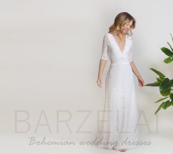 Lace Wedding Dress Floor Length Fitted Top With V Neckline Etsy