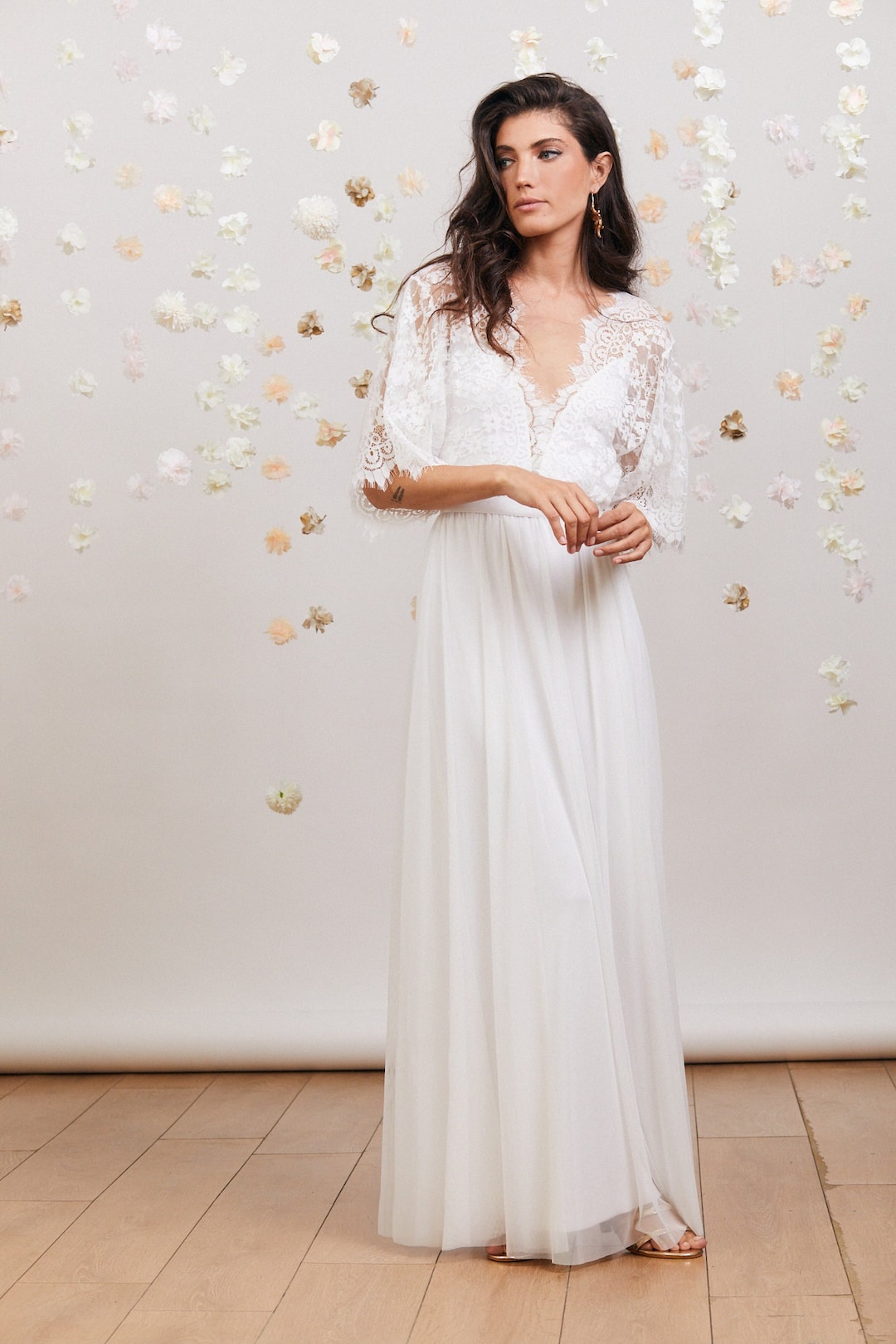 Bohemian Wedding Dress. Flowy Floor Length Chiffon Mesh Skirt and ...