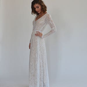 wedding dress all lace with long sleeves, low back wedding dress, bohemian wedding dress, nude color lining wedding dress with an open back image 9