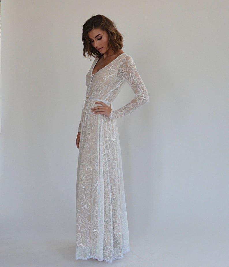 wedding dress all lace with long sleeves, low back wedding dress, bohemian wedding dress, nude color lining wedding dress with an open back image 9