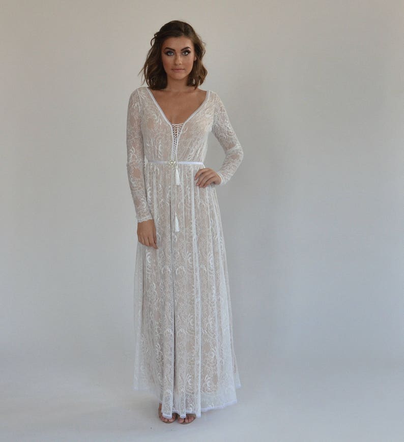 wedding dress all lace with long sleeves, low back wedding dress, bohemian wedding dress, nude color lining wedding dress with an open back image 4