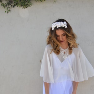 Bridal Chiffon cape, bride shawl with embroidery, lace shrug chic Capelet wedding cover image 1