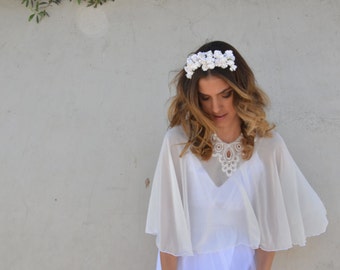 Bridal Chiffon cape, bride shawl with embroidery, lace shrug chic Capelet wedding cover