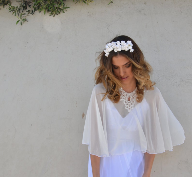 Bridal Chiffon cape, bride shawl with embroidery, lace shrug chic Capelet wedding cover image 1