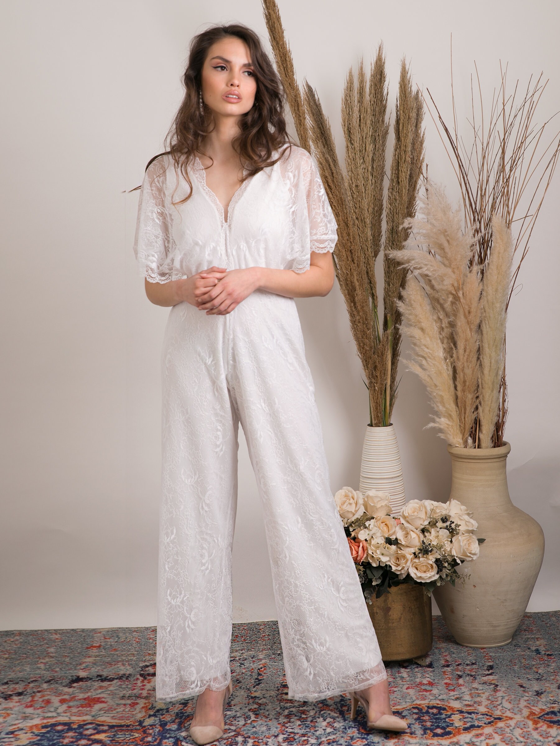 Wedding Jumpsuit for the Boho Bride. A Effortlessly Beautiful Modern Wedding Dress Alternative. Lace Wedding Overalls. White Wedding Overall Etsy UK