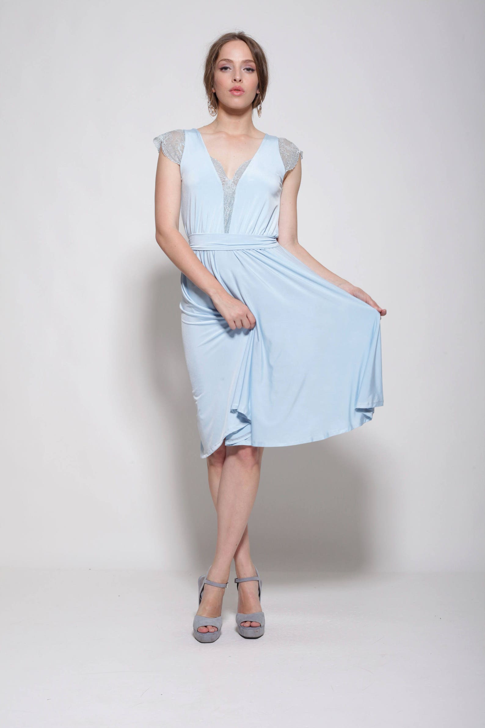 Light Blue Dress Knee Length Lace Cleavage and Sleeves bell Etsy