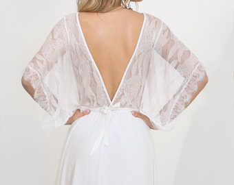 Kimono lace sleeves wedding dress, low back lace wedding dress, boho bride, Beach wedding, made to order custom size bohemian wedding dress