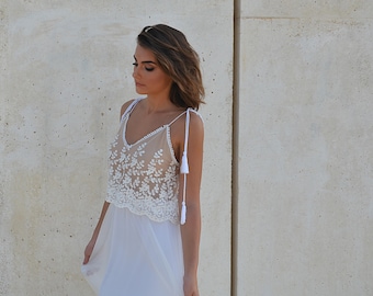 wedding dress with stunning lace top, boho-chic wedding dress, simple wedding dress, embroidery top, low back dress,