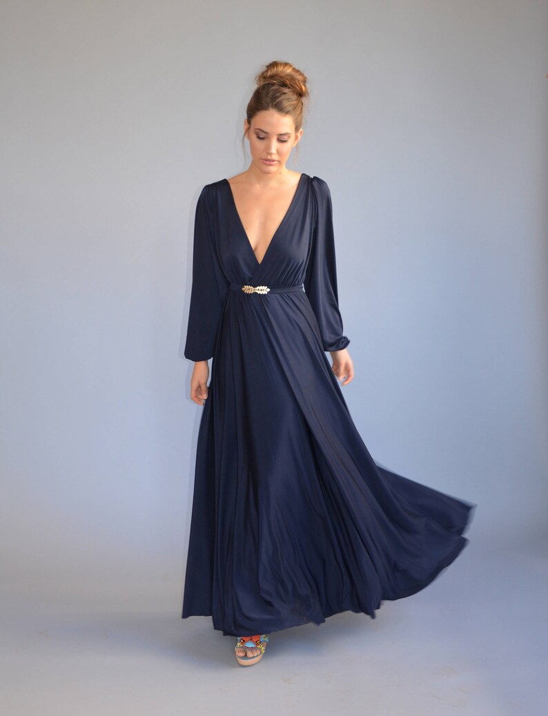blue evening dress floor length bell shape dress party dress prom dress golden feather belt Bridesmaids dress