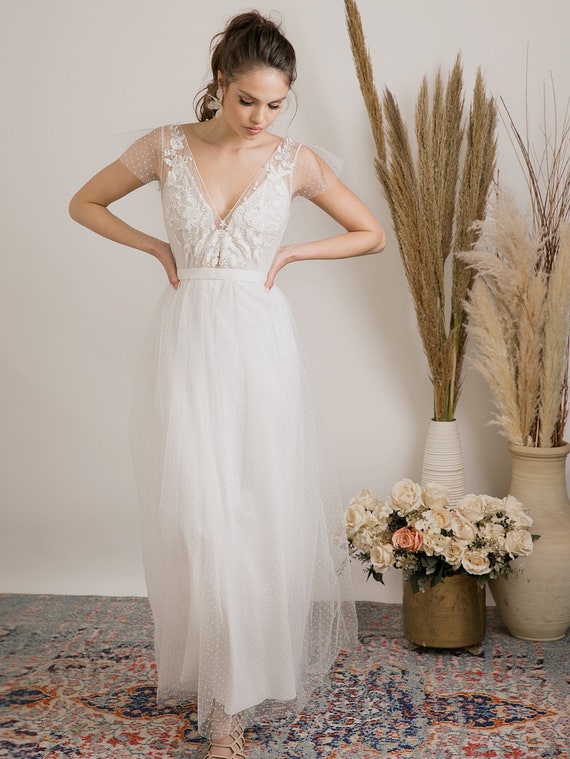Polka Dot Lace Wedding Dress With Embroidery Etsy
