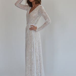 wedding dress all lace with long sleeves, low back wedding dress, bohemian wedding dress, nude color lining wedding dress with an open back image 8