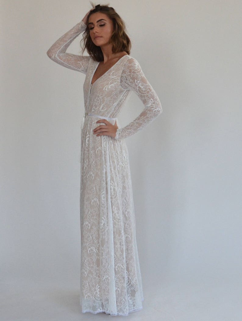 wedding dress all lace with long sleeves, low back wedding dress, bohemian wedding dress, nude color lining wedding dress with an open back image 8