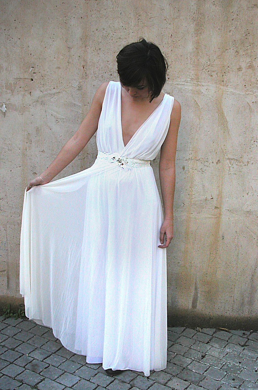 Simple wedding dress deep V neck cleavage floor length Etsy
