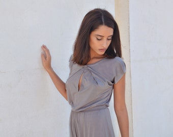 Gray bridesmaid dress , symmetrical folds on neckline, floor length bridesmaid dress