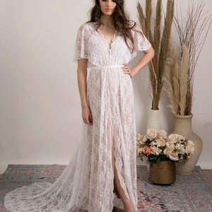 Bohemian lace wedding dress. Comfortable and glamorous boho wedding dress handmade from stunning floral lace with open back, train and slit. image 4