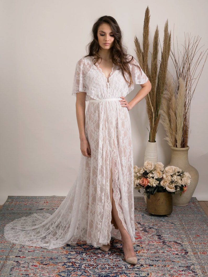 Bohemian lace wedding dress. Comfortable and glamorous boho wedding dress handmade from stunning floral lace with open back, train and slit. image 4