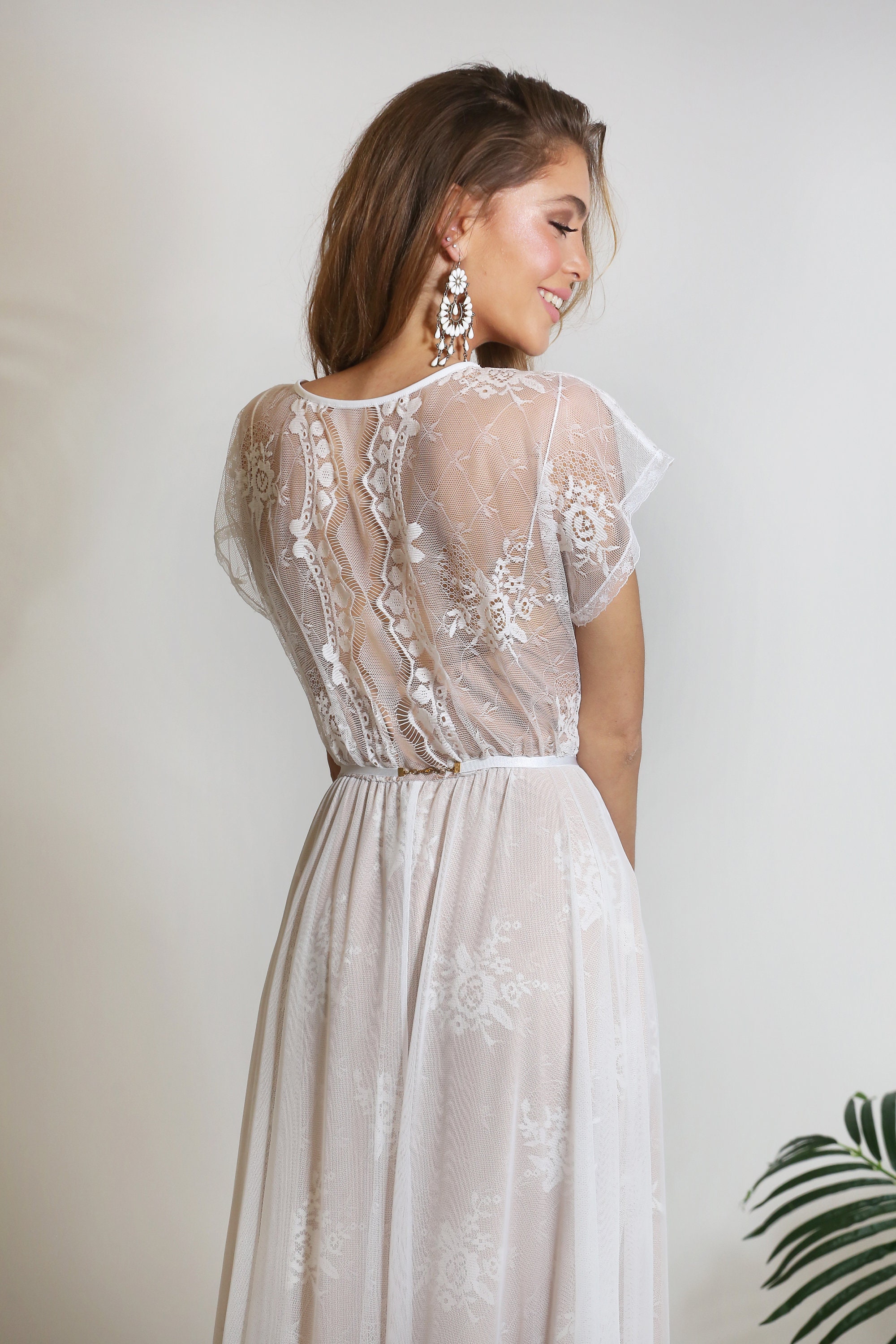 mesh cleavage wedding dress White Lace Sheer Mesh Trumpet Unique Wedding Dress