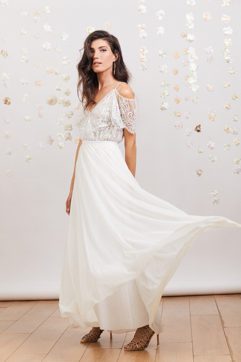 Bohemian wedding dress. Delicate lace wedding gown with off shoulder sleeves, comfortable and effortlessly beautiful lace wedding gown image 1