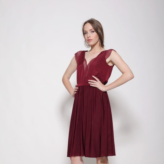 Lace Dress Knee Length Maroon