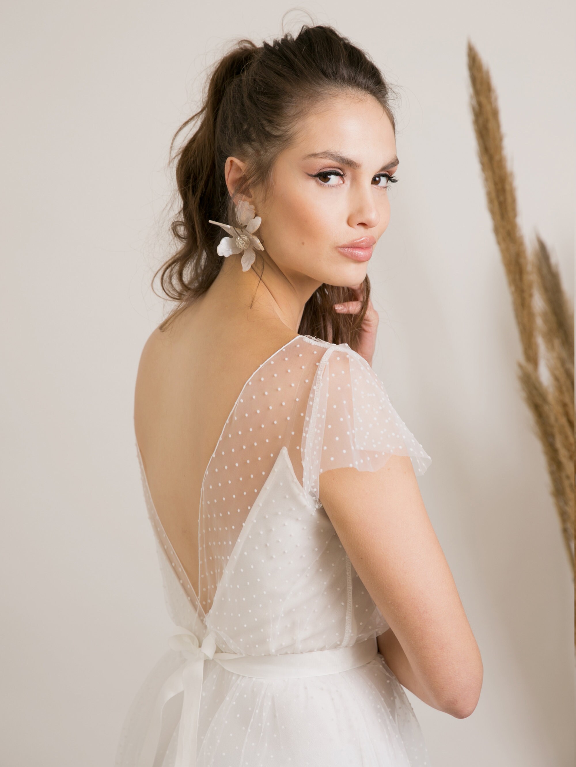 lace polka dot wedding dress Convertible Polka Dot Lace Mermaid and A-Line Wedding Dress with Sheer Overskirt