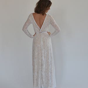 wedding dress all lace with long sleeves, low back wedding dress, bohemian wedding dress, nude color lining wedding dress with an open back image 10