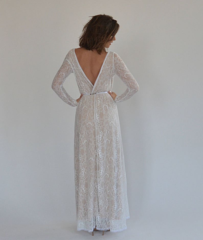 wedding dress all lace with long sleeves, low back wedding dress, bohemian wedding dress, nude color lining wedding dress with an open back image 10