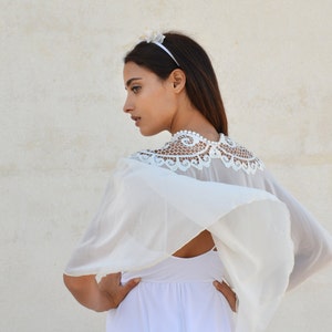 Bridal Chiffon cape, open bride shawl with embroidery, bridal shrug chic capelet , wedding cover with pearls necklace image 5