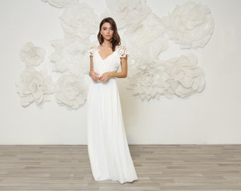 Simple wedding dress  with stunning lace embroidery embellish shoulders and back