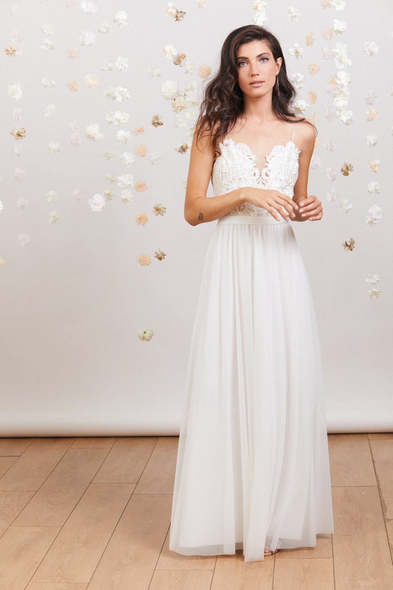 Eleonora Sheer Lace A-Line Mini Dress in Ivory