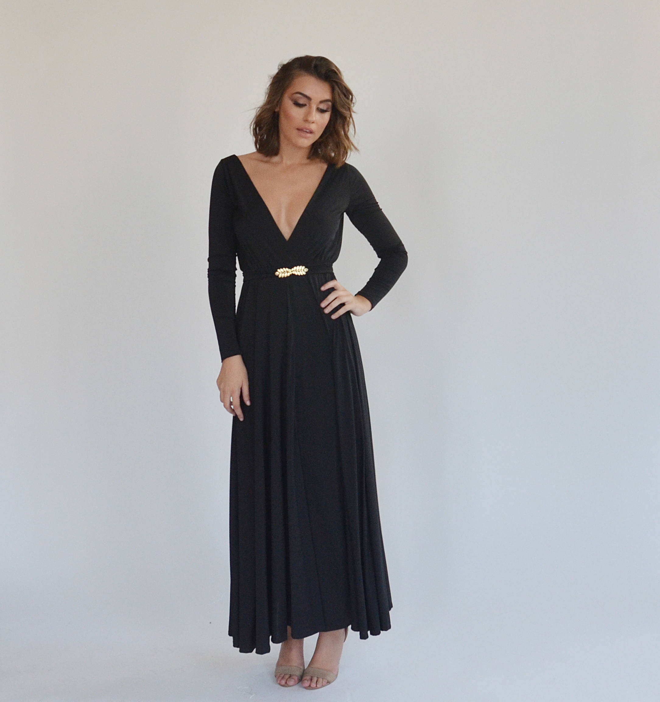 blue dress for baby girl Gold Sequins Black Chiffon Bridesmaid Dresses Ruffles V-Neck Floor Length