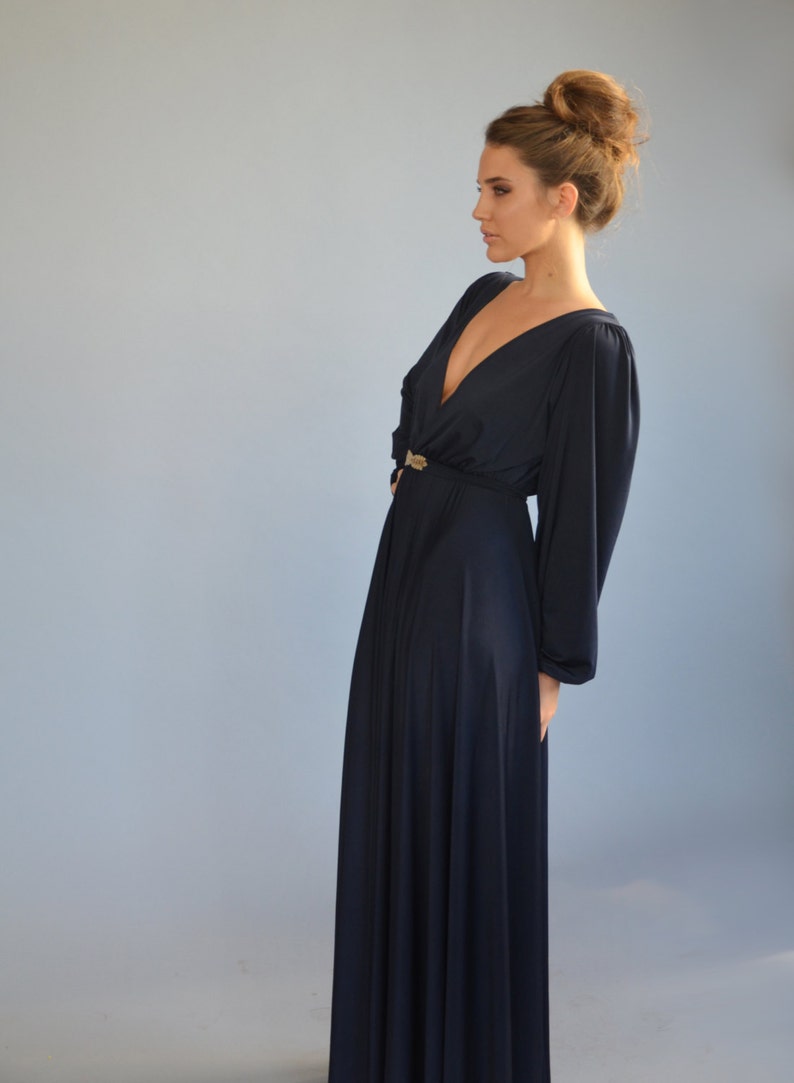 blue evening dress floor length bell shape dress party dress prom dress golden feather belt Bridesmaids dress