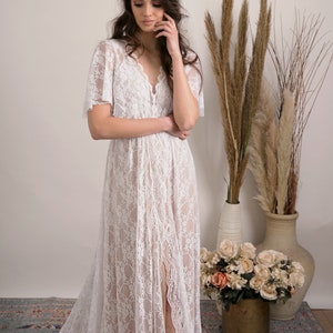 Bohemian lace wedding dress. Comfortable and glamorous boho wedding dress handmade from stunning floral lace with open back, train and slit. image 9