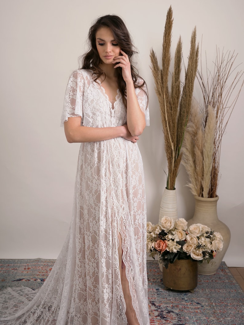 Bohemian lace wedding dress. Comfortable and glamorous boho wedding dress handmade from stunning floral lace with open back, train and slit. image 9