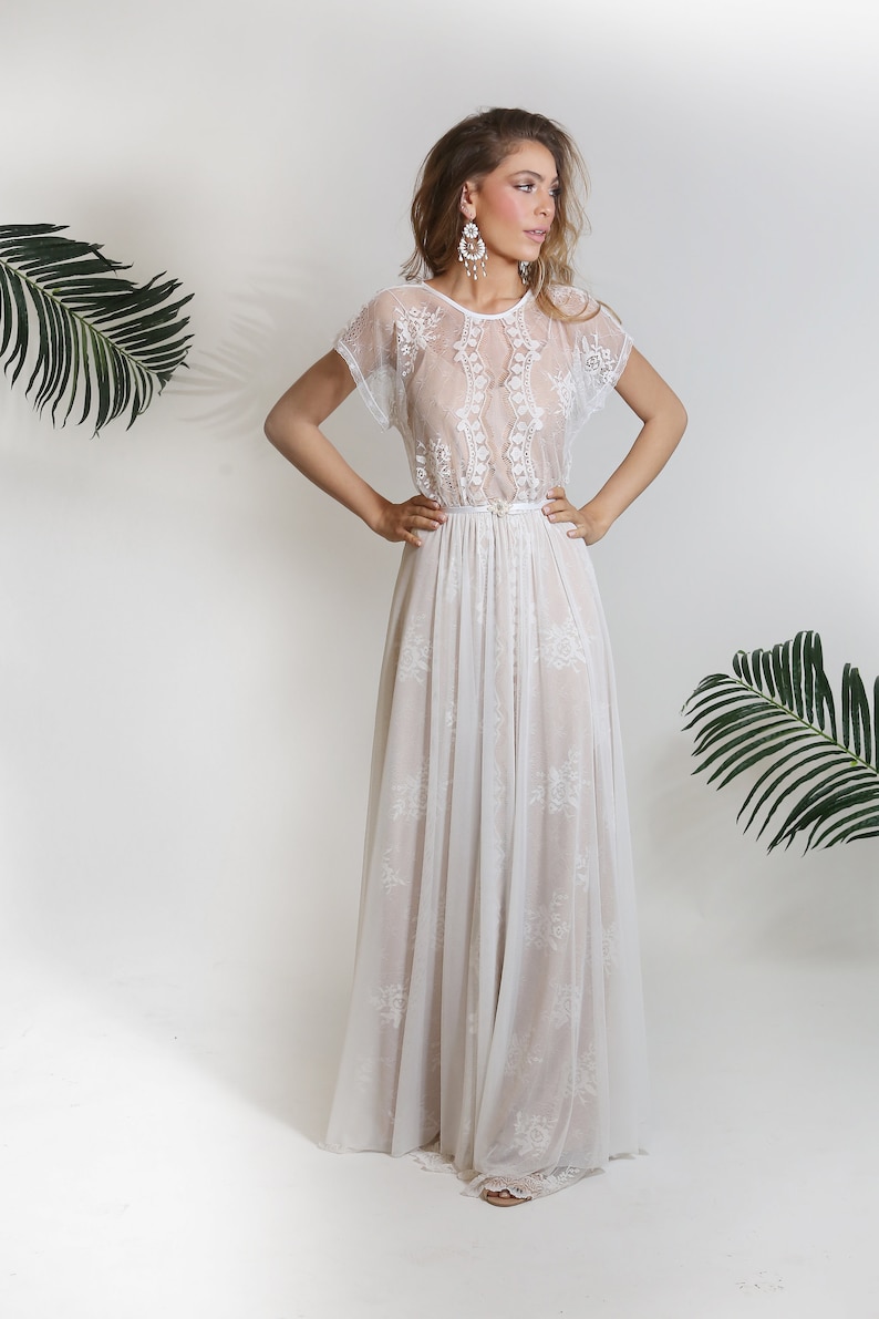 Bohemian Short Sleeves Lace Two Piece Hi-Lo Crop Top Wedding Dress