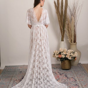 Bohemian lace wedding dress. Comfortable and glamorous boho wedding dress handmade from stunning floral lace with open back, train and slit. image 5