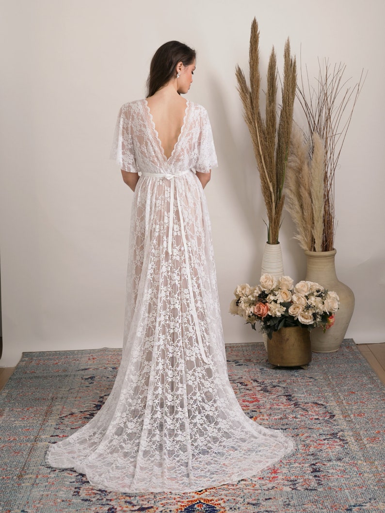 Bohemian lace wedding dress. Comfortable and glamorous boho wedding dress handmade from stunning floral lace with open back, train and slit. image 5