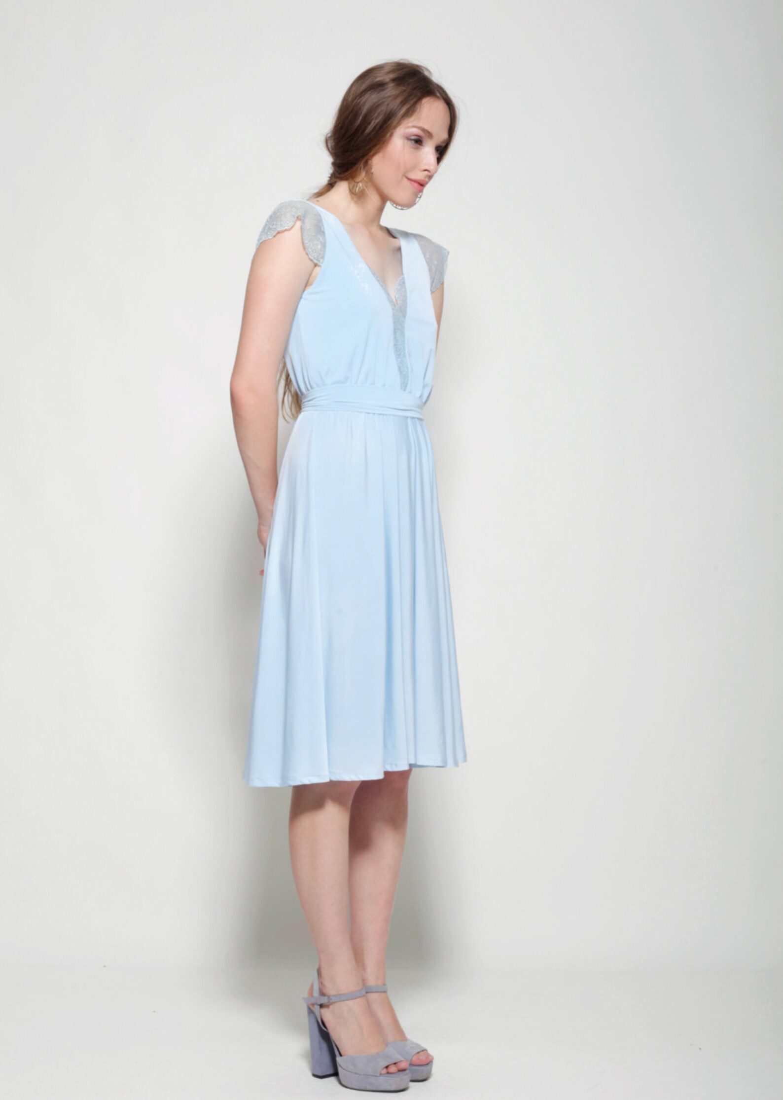 Light Blue Dress Knee Length Lace Cleavage and Sleeves bell Etsy