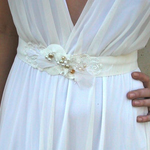 wedding dress, beach wedding dress, simple boho wedding dress with a deep V neck cleavage and jewelry sash image 5