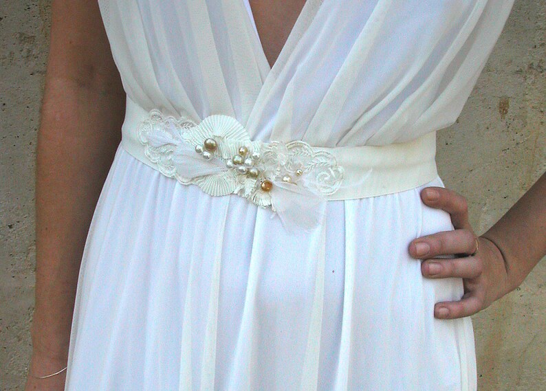 wedding dress, beach wedding dress, simple boho wedding dress with a deep V neck cleavage and jewelry sash image 5