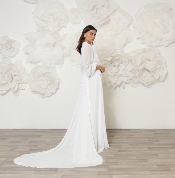 Chiffon Wedding Dress, Long Sleeve Wrap Top, Slit and Train