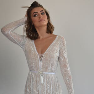 wedding dress all lace with long sleeves, low back wedding dress, bohemian wedding dress, nude color lining wedding dress with an open back image 3