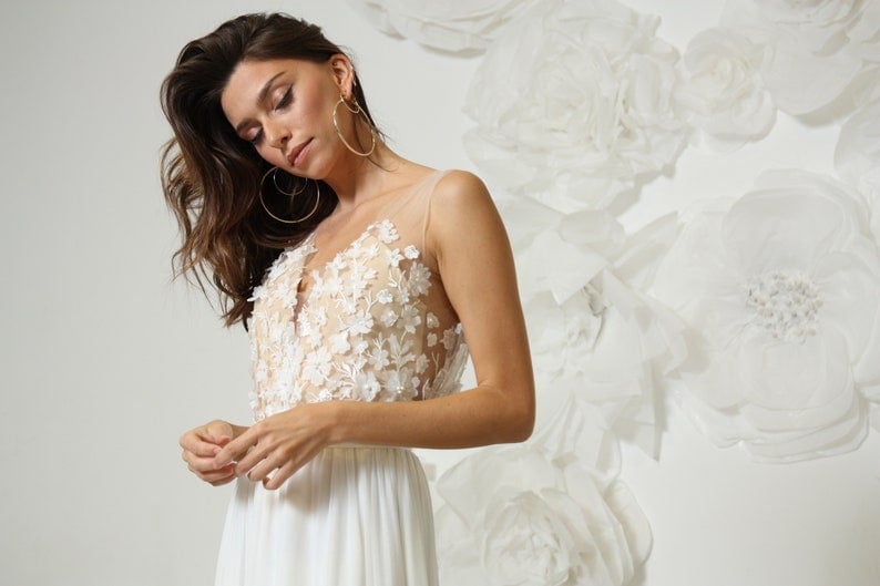 Striking and effortlessly cool wedding dress with 3-dimensional floral beaded embroidered lace top. Wedding dress, Bohemian bridal dress image 6