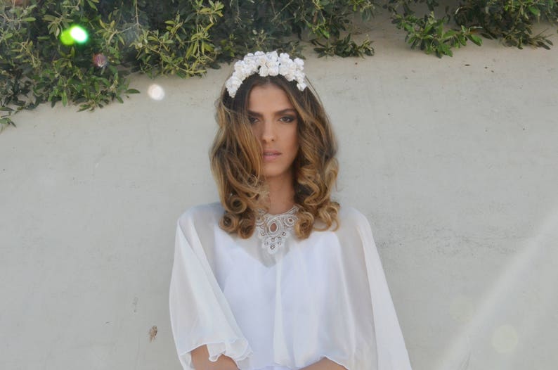 Bridal Chiffon cape, bride shawl with embroidery, lace shrug chic Capelet wedding cover image 7